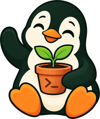 Glad pingvin med en planta i en kruka